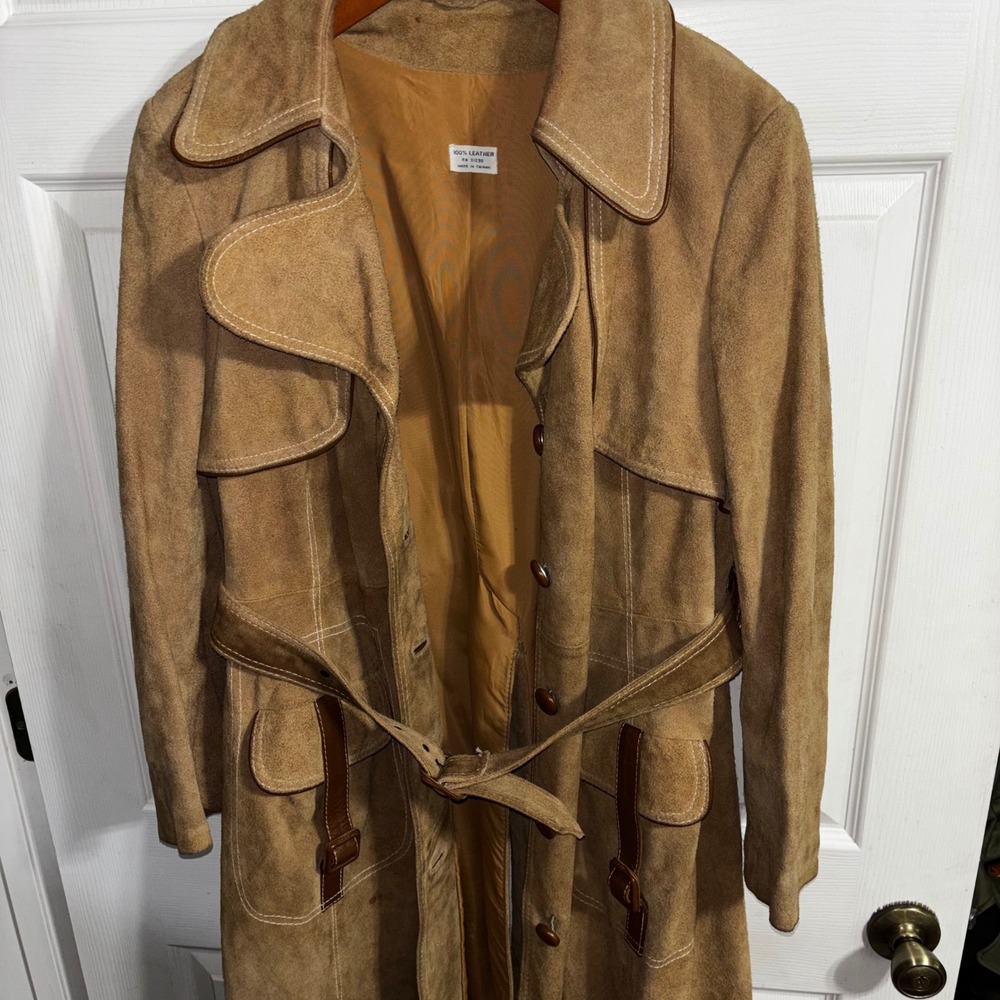 Vintage 100% Leather‎ Suede Trench Coat Tan Camel Belted Long Jacket Heavy
